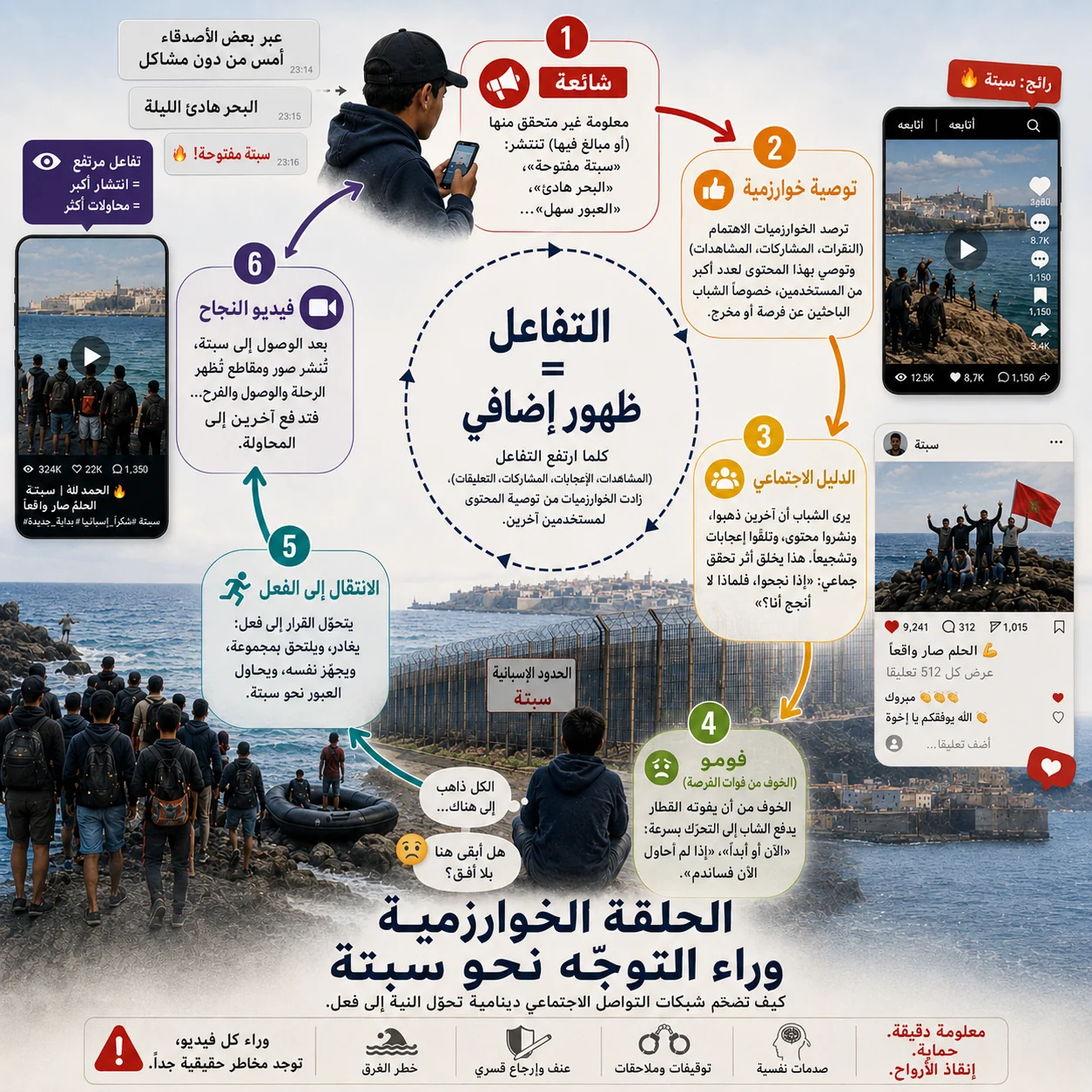 الحلقة الخوارزمية التي تربط الشائعة بالتوصية والدليل الاجتماعي والخوف من فوات الفرصة والانتقال إلى الفعل