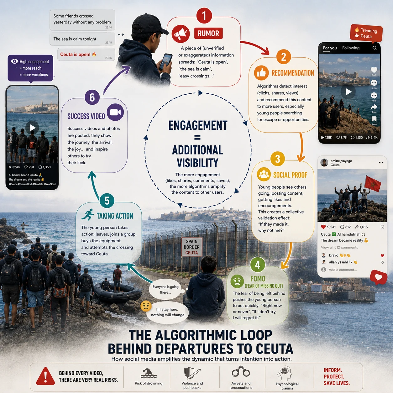 Algorithmic loop linking rumour, recommendation, social proof, FOMO and action