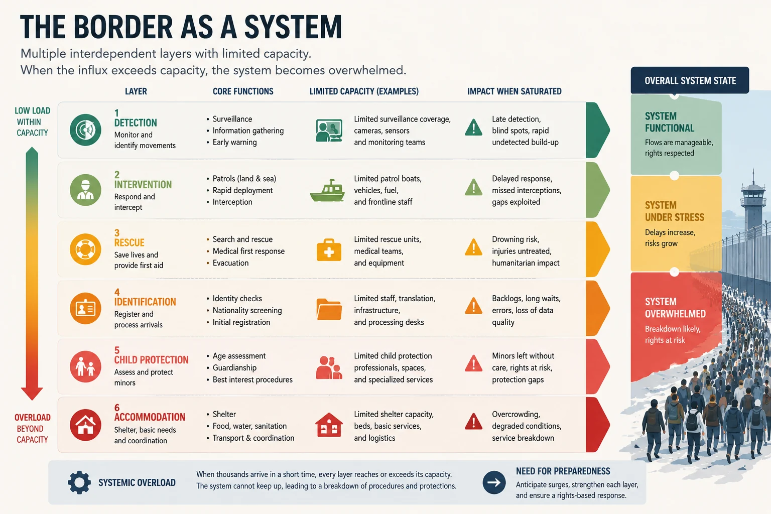 Diagram of the six layers of the border system and their progressive saturation
