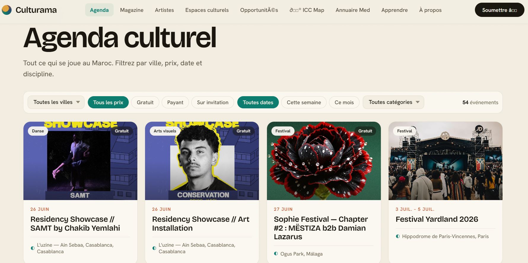Interface de la plateforme Culturama : agenda culturel du Maroc avec filtres par ville, prix, date et discipline
