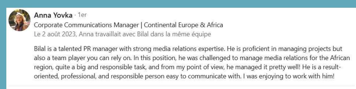 Recommandation LinkedIn d’Anna Yovka, Egis, au sujet de Bilal Aljouhari
